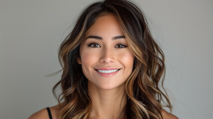 A portrait of a beautiful Latina woman with wavy, dark brown hair falling over her shoulders, smiling warmly. Her large eyes are enhanced with bold, colorful eyeshadow and long, thick eyelashes. 