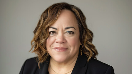 Fototapeta premium A portrait of a beautiful Latina woman with wavy, dark brown hair falling over her shoulders, smiling warmly. Her large eyes are enhanced with bold, colorful eyeshadow and long, thick eyelashes. 