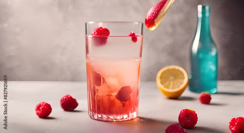 Poster spring or summer refreshing cold cocktail or mocktail with berries and lemon raspberry lemonade bein
