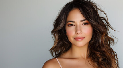 Fototapeta premium A photo of an attractive Latina woman with wavy, dark brown hair cascading over her shoulders, smiling warmly. She has large eyes adorned with bold, colorful eyeshadow and long, thick eyelashes.