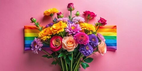 Colorful arrangement on pink background with pride symbolic colors, realistic depiction