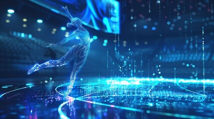 During a gymnastics event a holographic avatar of the athlete rotates on the screen displaying their body position height and difficulty level for each routine adding a new element