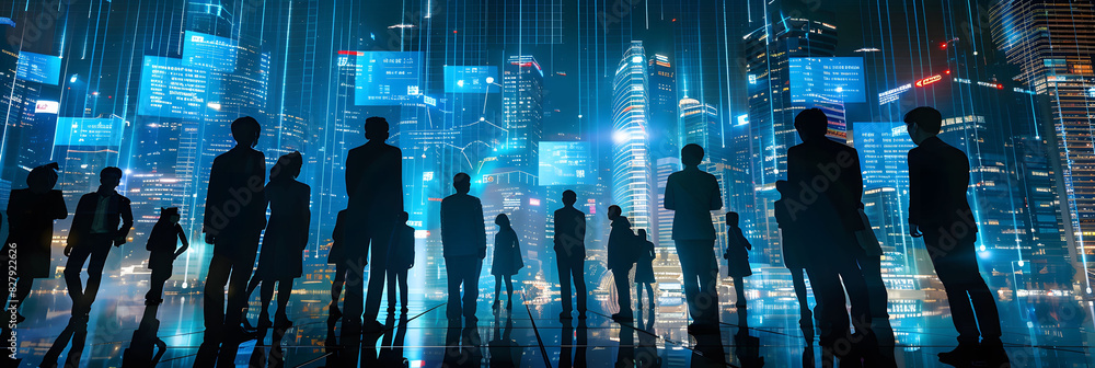 Poster a group of business people standing in front of an abstract digital cityscape, with glowing data str