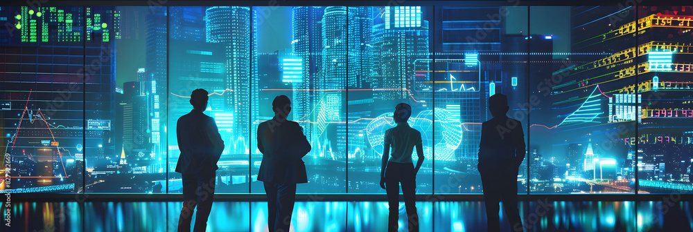 Poster a group of business people standing in front of an abstract digital cityscape, with glowing data str