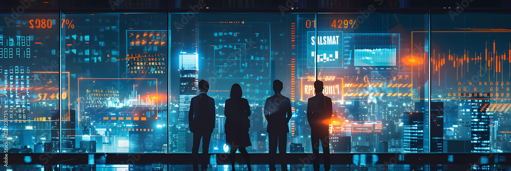 Poster a group of business people standing in front of an abstract digital cityscape, with glowing data str