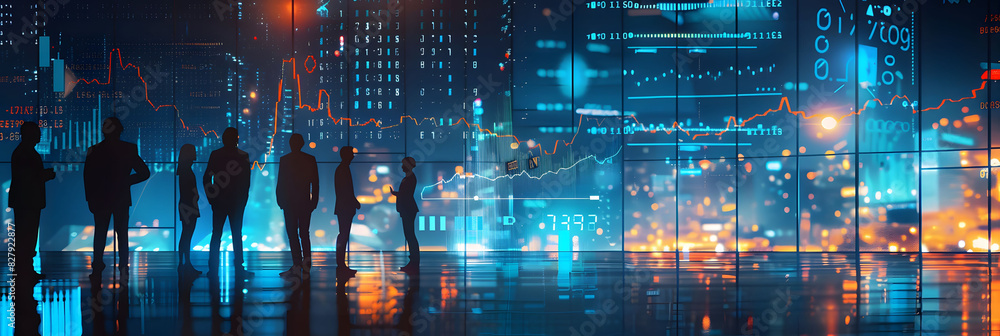 Poster a group of business people standing in front of an abstract digital cityscape, with glowing data str