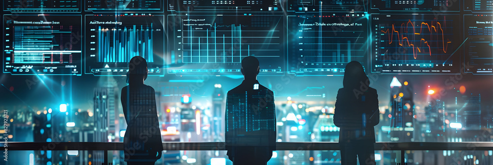 Poster a group of business people standing in front of an abstract digital cityscape, with glowing data str
