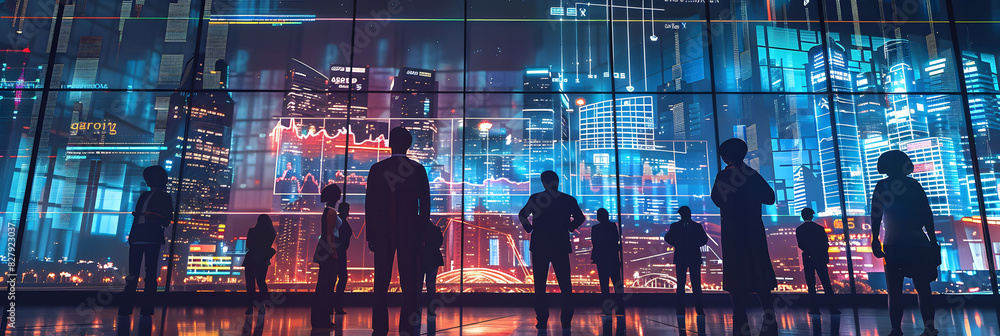 Poster a group of business people standing in front of an abstract digital cityscape, with glowing data str