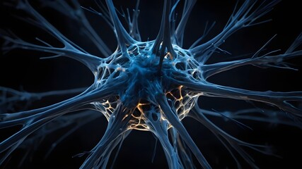 An aesthetically arresting abstract picture with a deep black background that resembles a neuron structure erupting in blue hues