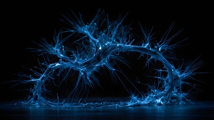 An aesthetically arresting abstract picture with a deep black background that resembles a neuron structure erupting in blue hues