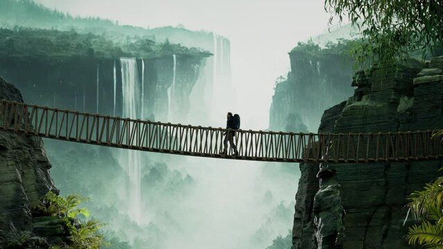 Hiker Walking on a Rope Bridge in the Jungle near Waterfall in the Forest Discover the Beauty of Nature and Serenity in Travel Destinations Tranquil Solitude