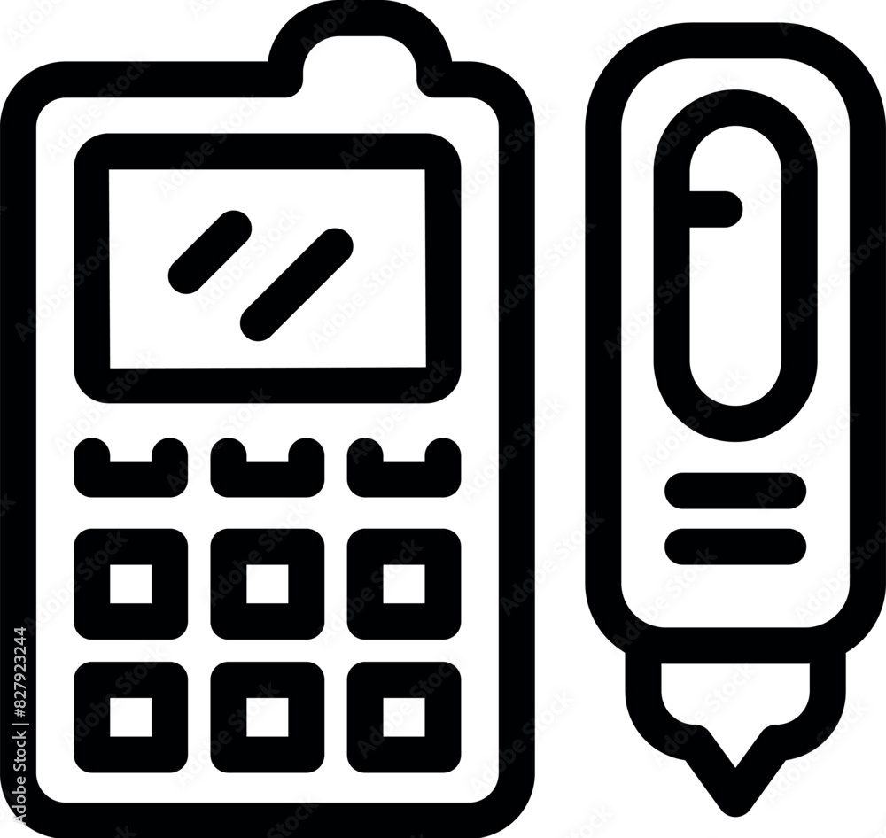 Poster black and white line icon of a clipboard with paper and a pen, suitable for web and print design