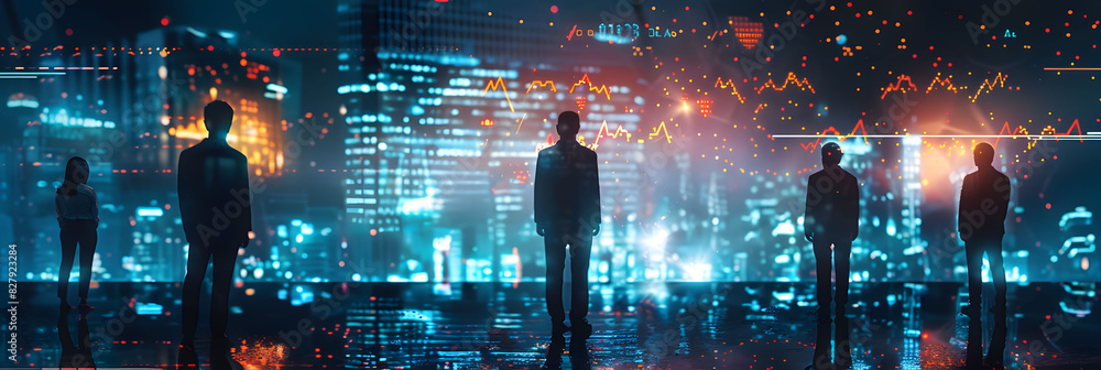 Poster a group of business people standing in front of an abstract digital cityscape, with glowing data str