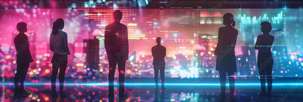 Poster a group of business people standing in front of an abstract digital cityscape, with glowing data str