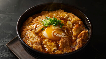 An image of a steaming bowl of Japanese katsudon sits on a plain black background. 