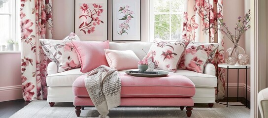 Cozy living room with pink floral upholstery, a pink ottoman, and pink framed art, creating a cozy and aesthetically pleasing environment