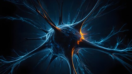 An aesthetically arresting abstract picture with a deep black background that resembles a neuron structure erupting in blue hues