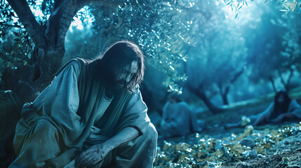 Jesus kneeling in the Garden of Gethsemane, praying with a sorrowful expression as he seeks strength for the trials ahead. The moonlit garden is quiet, with olive trees casting long shadows