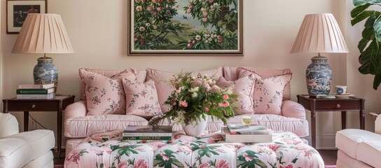 Cozy living room with pink floral upholstery, a pink ottoman, and pink framed art, creating a cozy and aesthetically pleasing environment