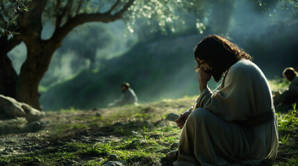 Jesus kneeling in the Garden of Gethsemane, praying with a sorrowful expression as he seeks strength for the trials ahead. The moonlit garden is quiet, with olive trees casting long shadows
