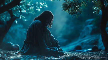 Jesus kneeling in the Garden of Gethsemane, praying with a sorrowful expression as he seeks strength for the trials ahead. The moonlit garden is quiet, with olive trees casting long shadows