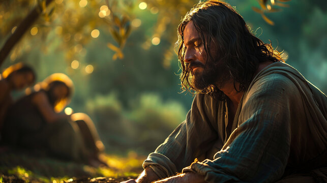 Jesus kneeling in the Garden of Gethsemane, praying with a sorrowful expression as he seeks strength for the trials ahead. The moonlit garden is quiet, with olive trees casting long shadows