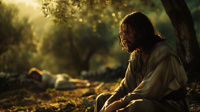 Jesus kneeling in the Garden of Gethsemane, praying with a sorrowful expression as he seeks strength for the trials ahead. The moonlit garden is quiet, with olive trees casting long shadows