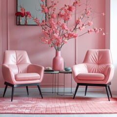 Cozy living room with pink leather chairs, pink decorative vases, and a pink area rug, creating a modern yet cozy look