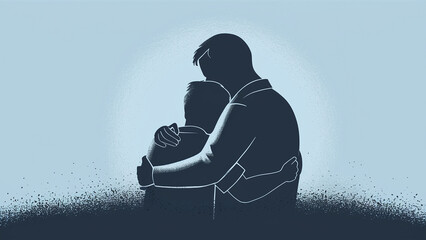 minimalist vector style illustration of son hugging father, happy father's day, I love you daddy