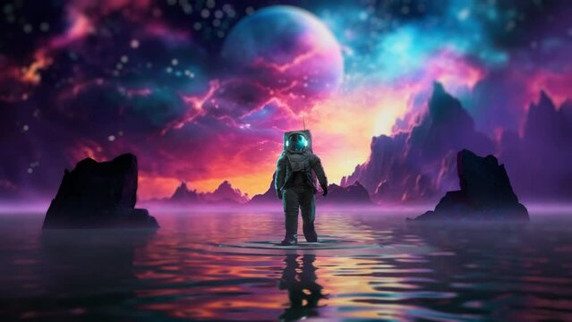 A Man in Space Suit Standing In The Water In Front Of A Colorful Sky Lunar Landscape Digital Art Exploration