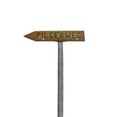 wooden sign isolated on a white background, with the inscription in German - a pilgrim