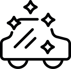 Black and white line icon of a sparkling clean car, ideal for car wash services