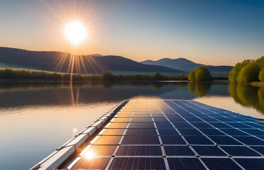 Floating solar panels cell platform system on lake. Safe energy generation