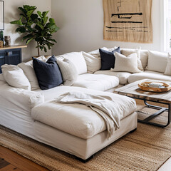 Stylish living room with white sofa and wooden table and rough walls