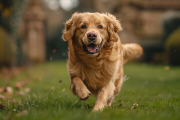 A happy golden retriever dog plays in the park's grassy field