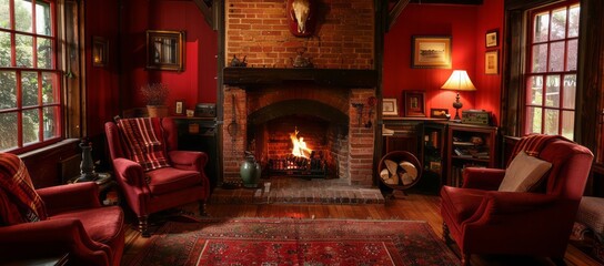 Cozy living room with red accent walls, red armchairs, and a fireplace surrounded by red bricks, providing a comfortable and intimate setting