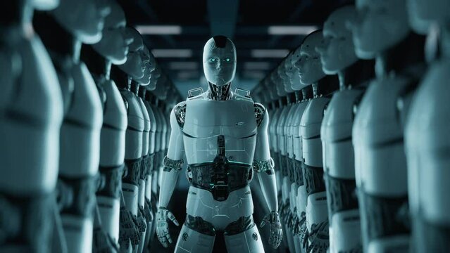 Rise of the Machines Robot Waking Up in a Sea of Robots in Factory