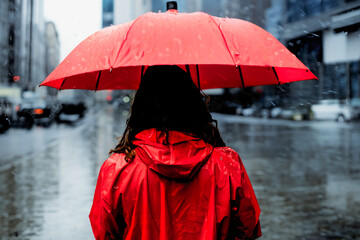 雨の日の都会と赤いレインコート