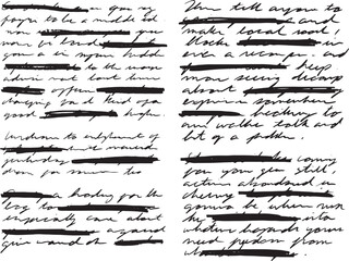 Vintage Written Document, longhand cursive handwriting, messy with crossed out parts. Completely gibberish, illegible, unreadable text, vector.