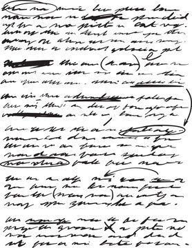 Handwritten manuscript of an essay or research paper page, messily written with arrows and parts scribbled out, along with grammar and spelling corrections, annotations, and suggestions.