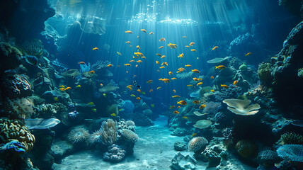 Fototapeta premium Underwater school of fish swimming around vibrant coral reef, amidst the tropical sea life and sunlight