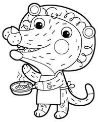 cartoon scene with happy and funny young cat lion like kindergarten kid or child having fun coocking fish isolated background illustration drawing sketch