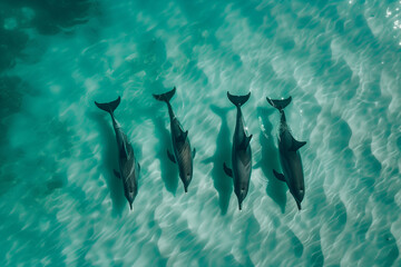 Swimming dolphins in a tropical underwater ocean scene