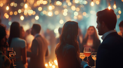 Blurred view of a bustling office party with business people networking, elegant decor and soft lighting setting the scene