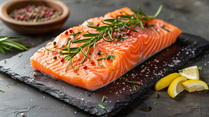 Fresh salmon fillet on a plate with lemon and dill garnished for a gourmet meal