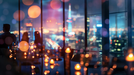 Blurred view of a festive office party with business professionals celebrating, the cityscape visible through large windows