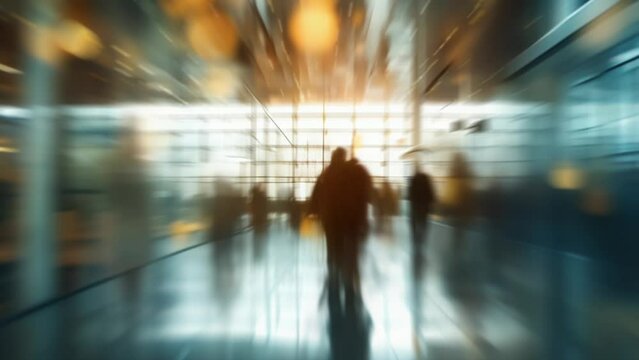 Blurred in motion diverse team of business people in a light and modern office building, blurred animated background