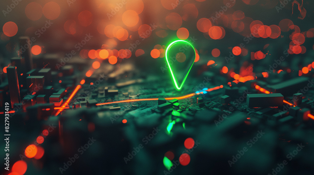 Aufkleber green location pin icon on a vibrant urban map, showing precise navigation direction amidst a networ