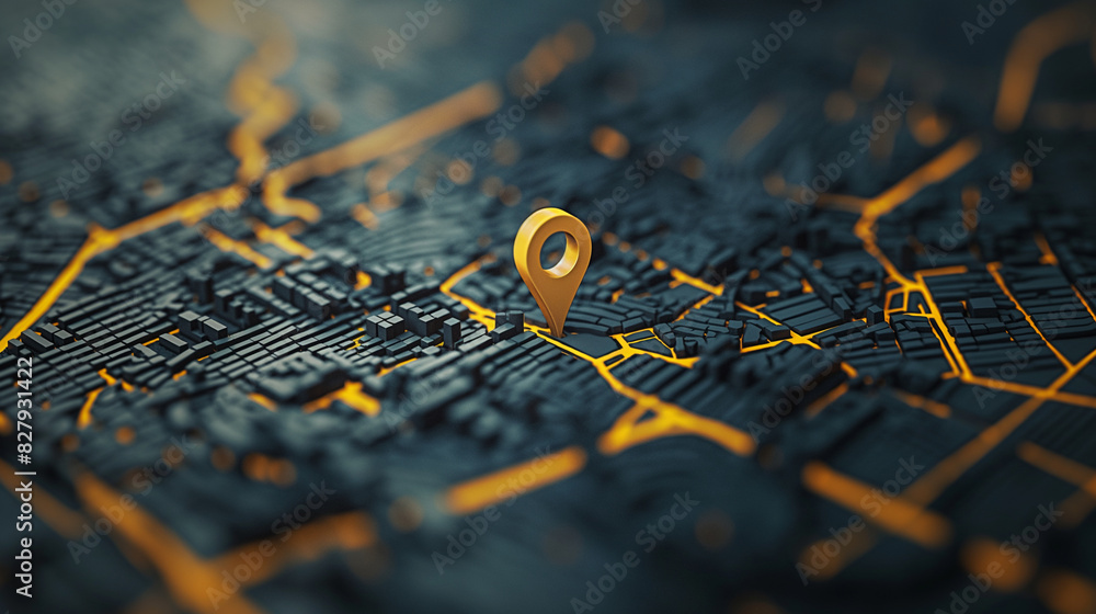 Poster urban map with a yellow location pin icon, showing precise navigation direction amidst a network of 