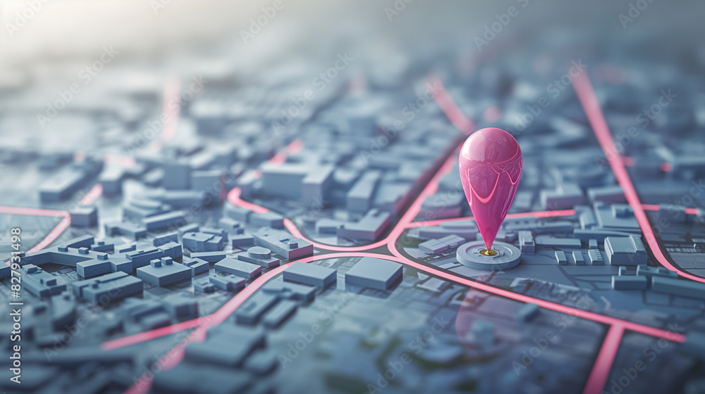 Poster pink pin location pointer on an elaborate city map, showing routes and directions within a dense urb